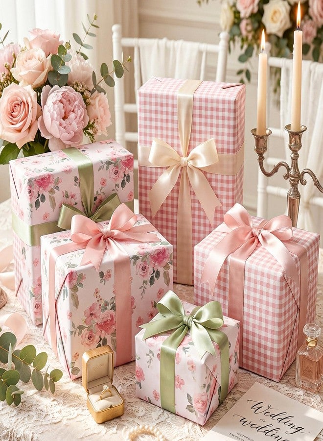woric Reversible Floral Wrapping Paper Roll -Mini Roll- 17 Inch x 33 Feet Pink Floral Plaid Gift Wrapping for Mother's Day, Wedding, Bridal Shower, Birthday, Baby Shower, Spring Party - Image 4