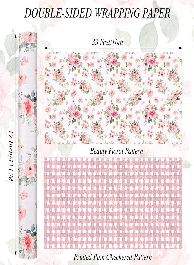 woric Reversible Floral Wrapping Paper Roll -Mini Roll- 17 Inch x 33 Feet Pink Floral Plaid Gift Wrapping for Mother's Day, Wedding, Bridal Shower, Birthday, Baby Shower, Spring Party - Image 2
