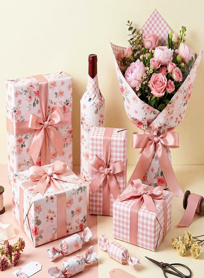 woric Reversible Floral Wrapping Paper Roll -Mini Roll- 17 Inch x 33 Feet Pink Floral Plaid Gift Wrapping for Mother's Day, Wedding, Bridal Shower, Birthday, Baby Shower, Spring Party - Image 5