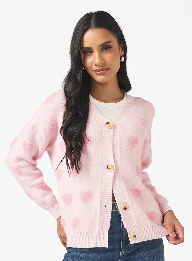 جينجر Heart Print Button Up Cardigan