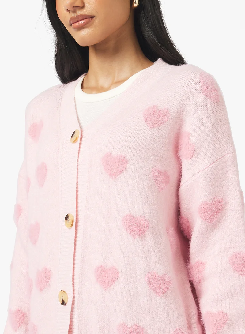 جينجر Heart Print Button Up Cardigan