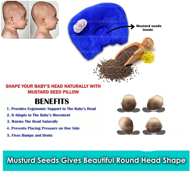 Synlark New Born Baby Soft Neck Support Pillow with Mustard Seeds (New Born 0-12 Months Age Group) (Dark-Blue) - Image 2