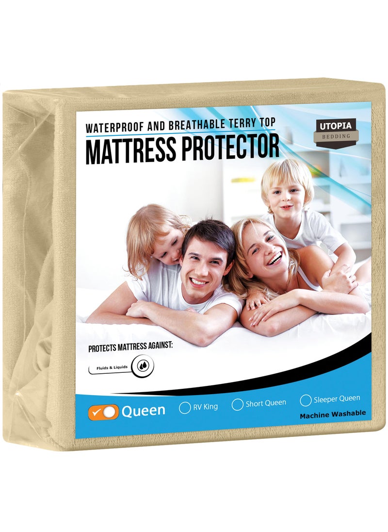 Utopia Bedding Utopia Bedding Waterproof Mattress Protector Queen Size  Premium Terry Mattress Cover 200 GSM  Breathable  Fitted Style with Stretchable Pockets (Beige)  - Image 1