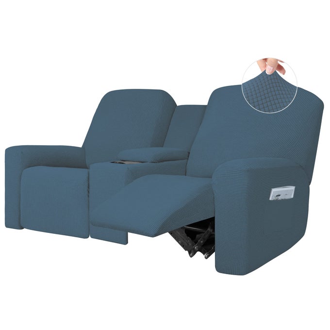 EASYGOING 1 PIECE STRETCH RECLINING LOVESEAT WITH MIDDLE CONSOLE SLIPCOVER 2 SEATER LOVESEAT RECLINER COVER WITH CUP HOLDER AND STORAGE RECLINER COUCH SOFA COVER FURNITURE PROTECTOR BLUESTONE