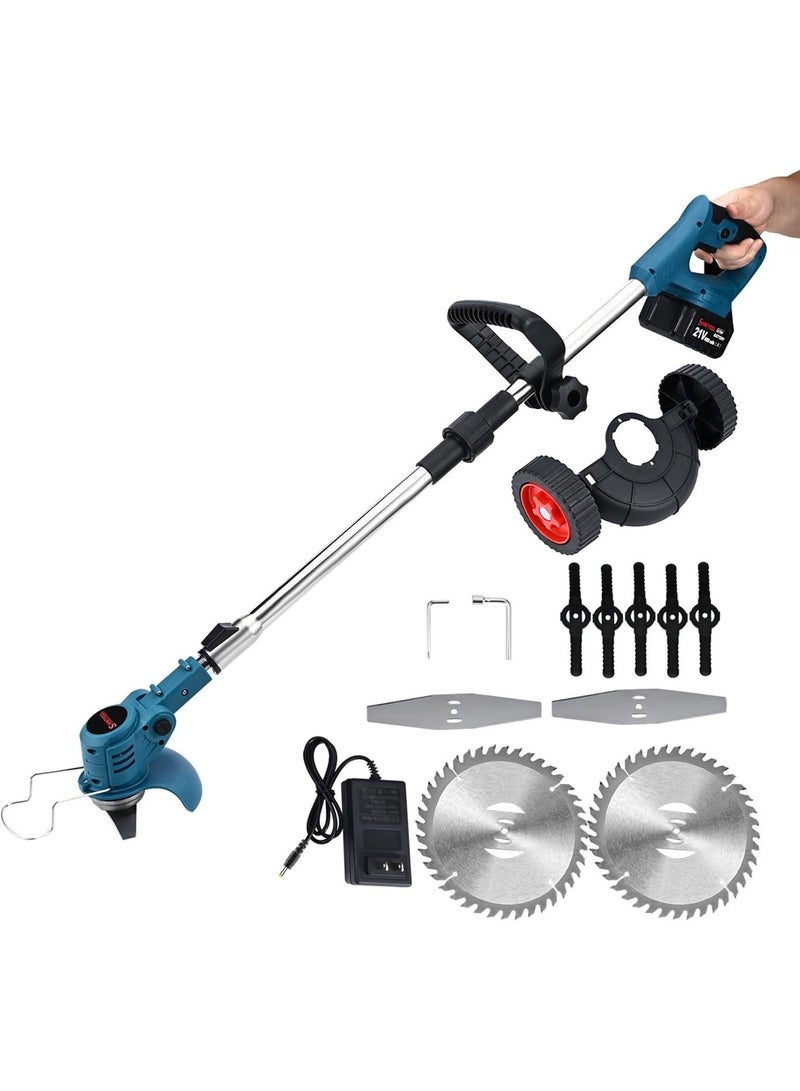 Generic Weed Eater Battery Powered,21v Trimmer Edger Lawn Tool,3-in-1 Grass Trimmer/Wheel Edger,4.0 Ah Battery,for Garden,Yard Trimming,Lawn Cutting(Blue)  - Image 1
