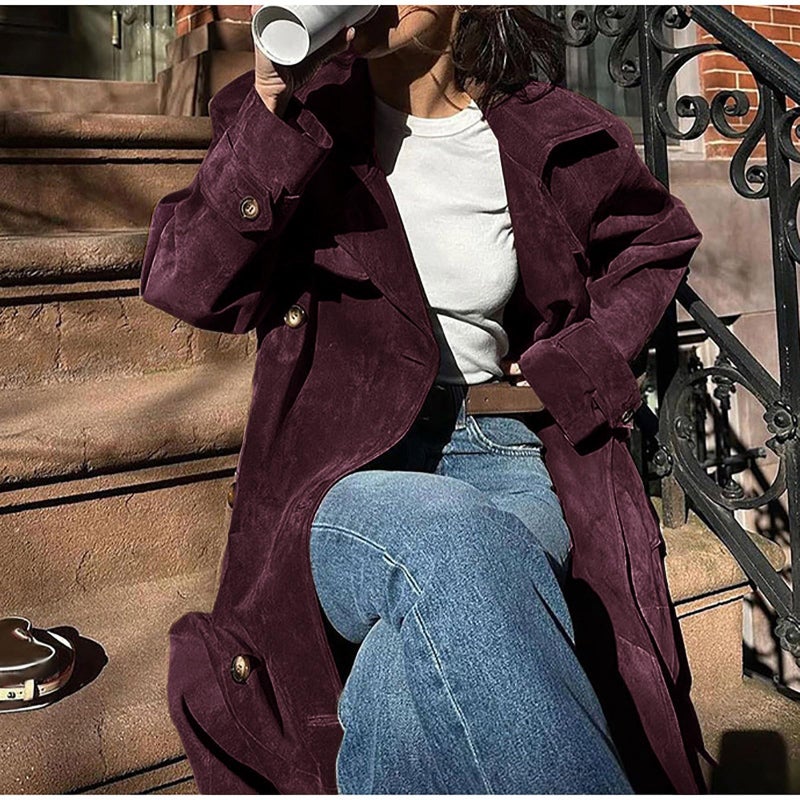 utcoco Womens Faux Suede Long Trench Coat Notched Lapel Double Breasted Pea Coat Overcoat with Belt (Medium, Wine) - Image 4