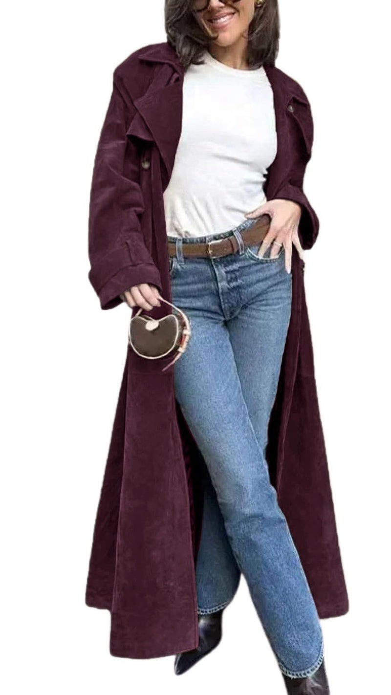 utcoco Womens Faux Suede Long Trench Coat Notched Lapel Double Breasted Pea Coat Overcoat with Belt (Medium, Wine) - Image 1
