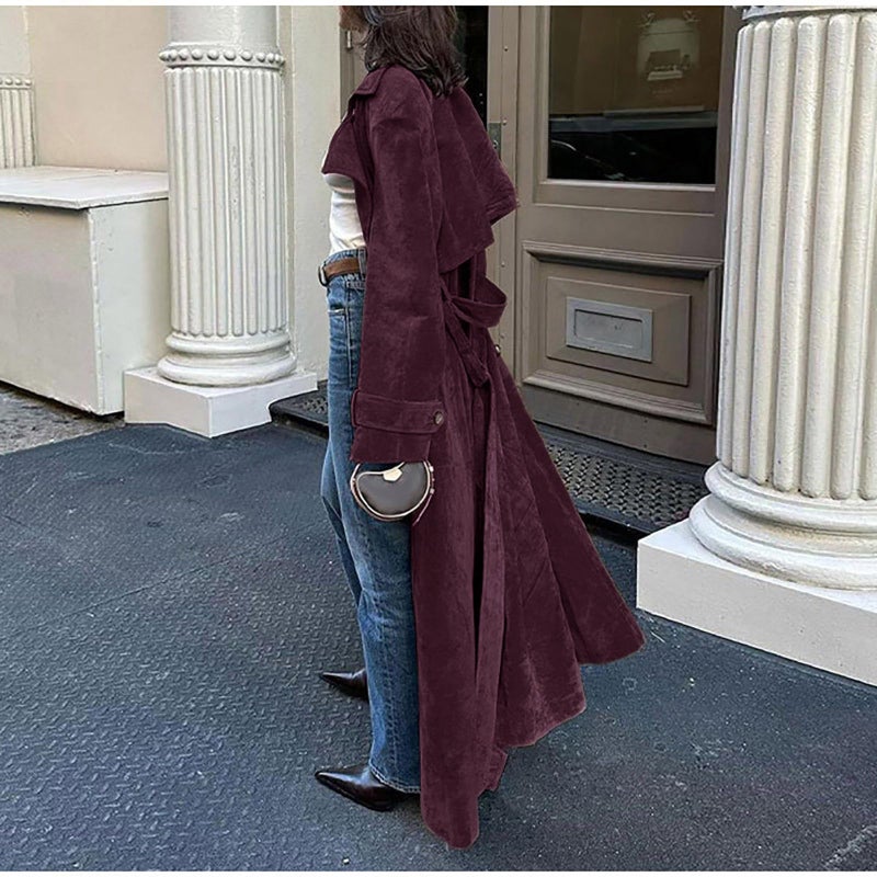 utcoco Womens Faux Suede Long Trench Coat Notched Lapel Double Breasted Pea Coat Overcoat with Belt (Medium, Wine) - Image 2