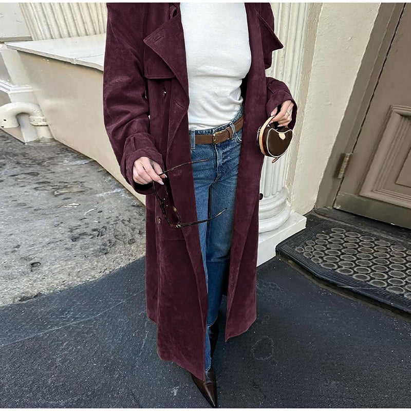 utcoco Womens Faux Suede Long Trench Coat Notched Lapel Double Breasted Pea Coat Overcoat with Belt (Medium, Wine) - Image 3