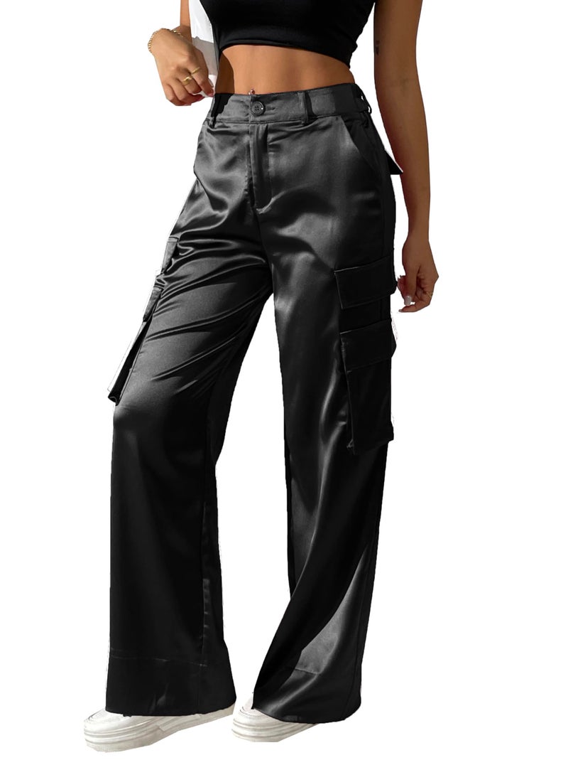 Womens Satin Cargo Wide Leg Pants Silky Party Dressy Casual Pocketed Pant Long Trouser Black