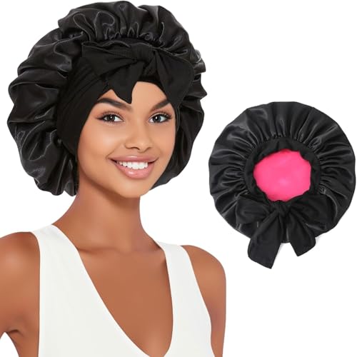 Srevela Satin Silk Bonnet for Sleeping, Jumbo Sleep Cap, Black Bonnet for Women with Curly Hair, Double Layer with Tie Band - Image 1