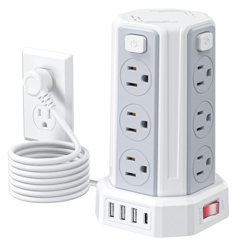 SMALLRT Power Strip Surge Protector, 6.5 Ft Extension Cord with 12 AC Multiple Outlets 4 USB (1 USB C), SMALLRT Power Tower Desktop Charging Station - Image 1