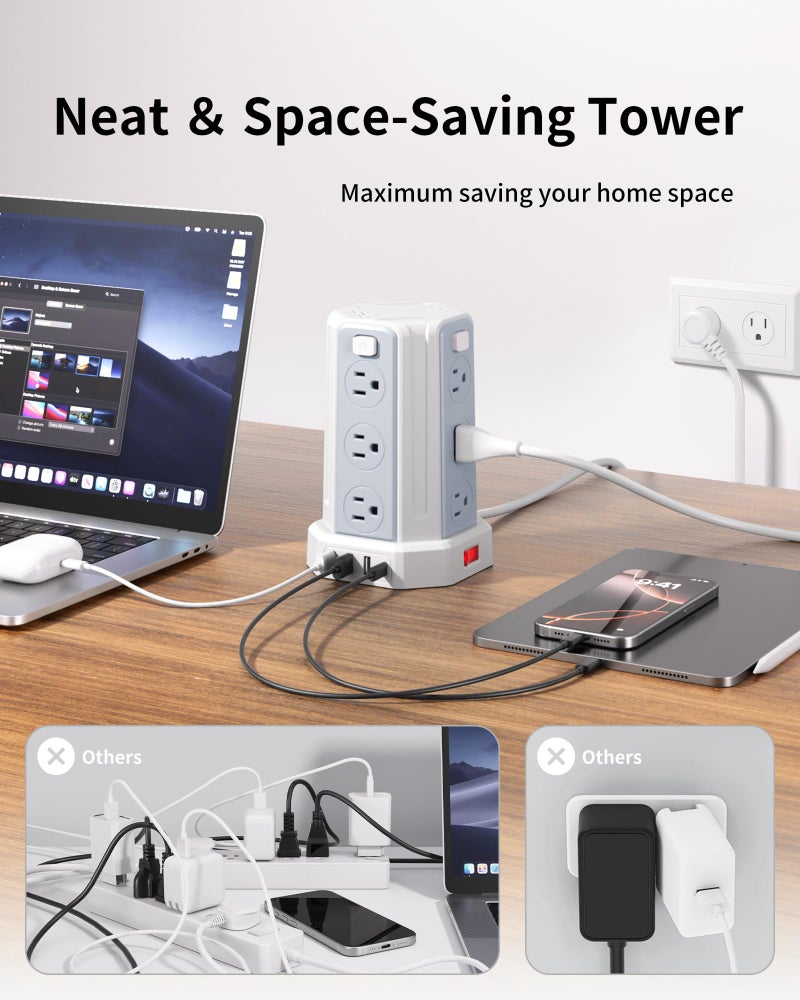 SMALLRT Power Strip Surge Protector, 6.5 Ft Extension Cord with 12 AC Multiple Outlets 4 USB (1 USB C), SMALLRT Power Tower Desktop Charging Station - Image 5