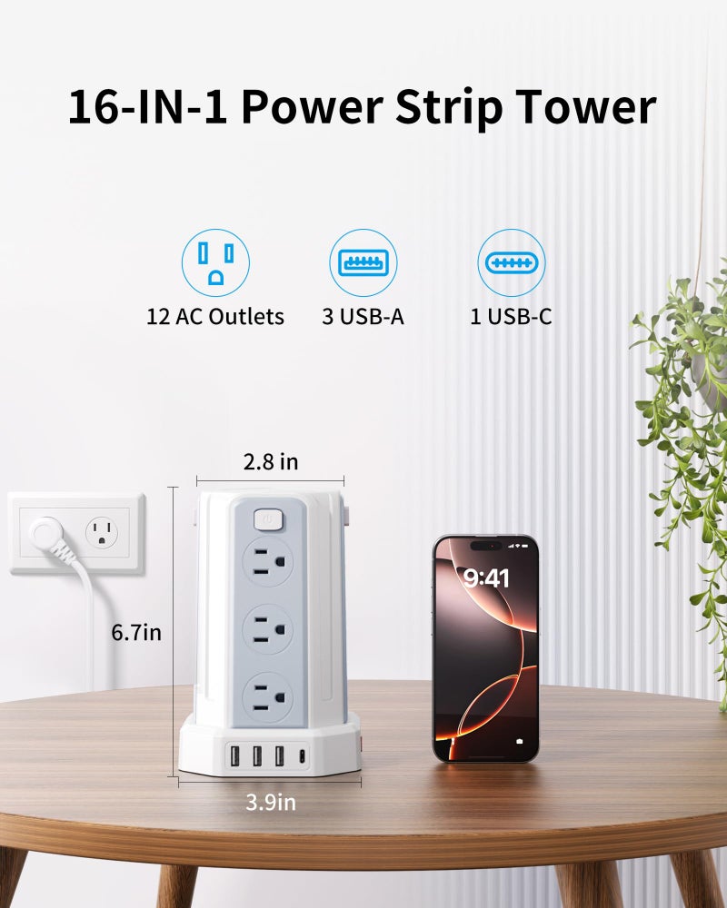 SMALLRT Power Strip Surge Protector, 6.5 Ft Extension Cord with 12 AC Multiple Outlets 4 USB (1 USB C), SMALLRT Power Tower Desktop Charging Station - Image 2