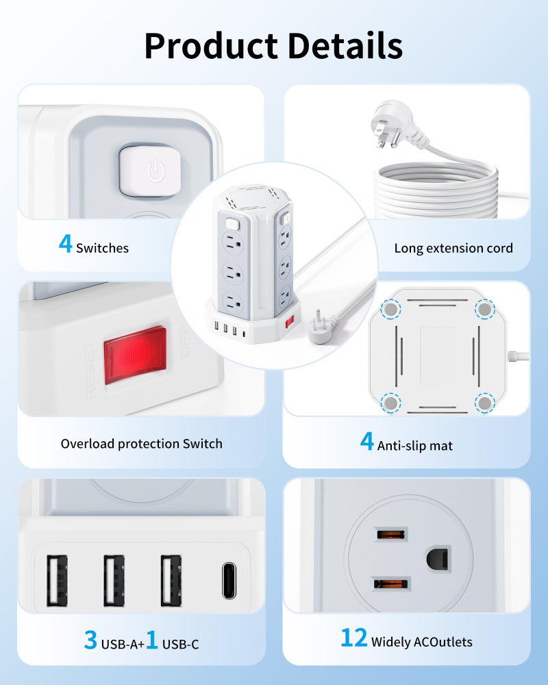 SMALLRT Power Strip Surge Protector, 6.5 Ft Extension Cord with 12 AC Multiple Outlets 4 USB (1 USB C), SMALLRT Power Tower Desktop Charging Station - Image 3