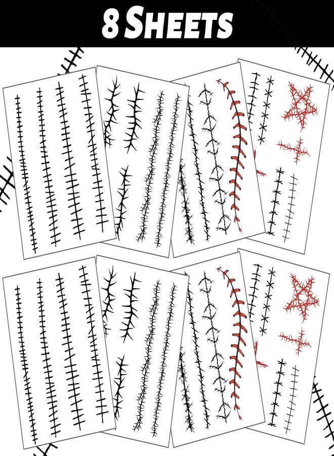 winthrop 8 Sheets Halloween Stitched Scar Temporary Tattoos, Large Size Fake Stitches & Wound Tattoos, Realistic Waterproof Horror Makeup Stickers for Halloween Costume, Cosplay&Party Supplies - Image 3
