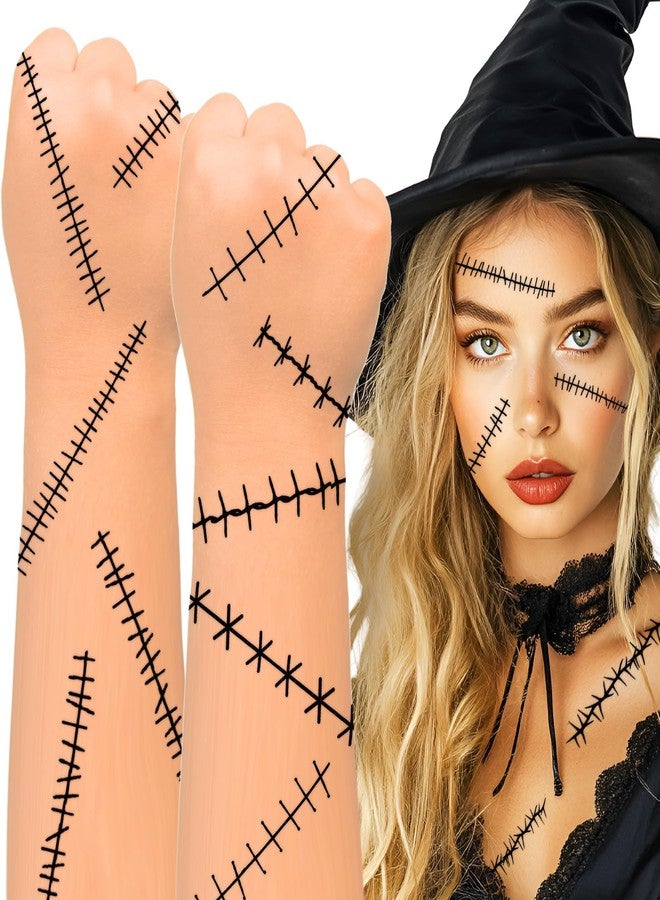 winthrop 8 Sheets Halloween Stitched Scar Temporary Tattoos, Large Size Fake Stitches & Wound Tattoos, Realistic Waterproof Horror Makeup Stickers for Halloween Costume, Cosplay&Party Supplies - Image 1
