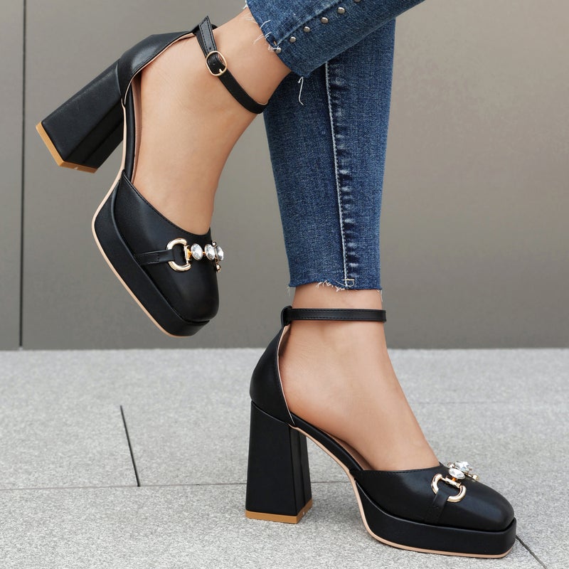 2024 Summer Thick Heeled High Heeled Square Head 40-48 Metal Chain Rhinestone Thick Sole Hollow Sandals Women - Image 3