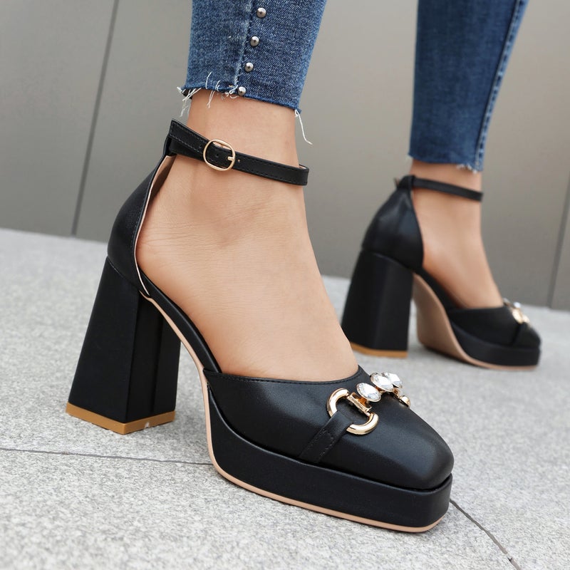 2024 Summer Thick Heeled High Heeled Square Head 40-48 Metal Chain Rhinestone Thick Sole Hollow Sandals Women - Image 2