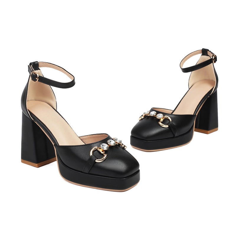 2024 Summer Thick Heeled High Heeled Square Head 40-48 Metal Chain Rhinestone Thick Sole Hollow Sandals Women - Image 1