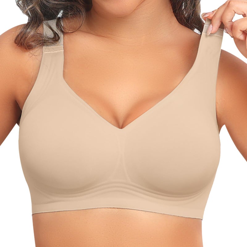 PoseFree Womens Bras No Underwire Full Support Back Fat Smoothing Bralette Wireless Push Up Plus Size Sports Bra (Nude,L) - Image 1