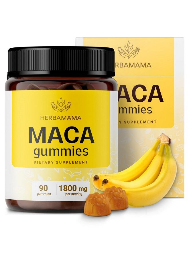 HERBAMAMA Maca Root Gummies - 1800mg Maca Root Extract for Energy Support - Vegan, Non-GMO Antioxidant Support Supplement - 90 Pectin-Based Banana-Flavored Chews - Image 1