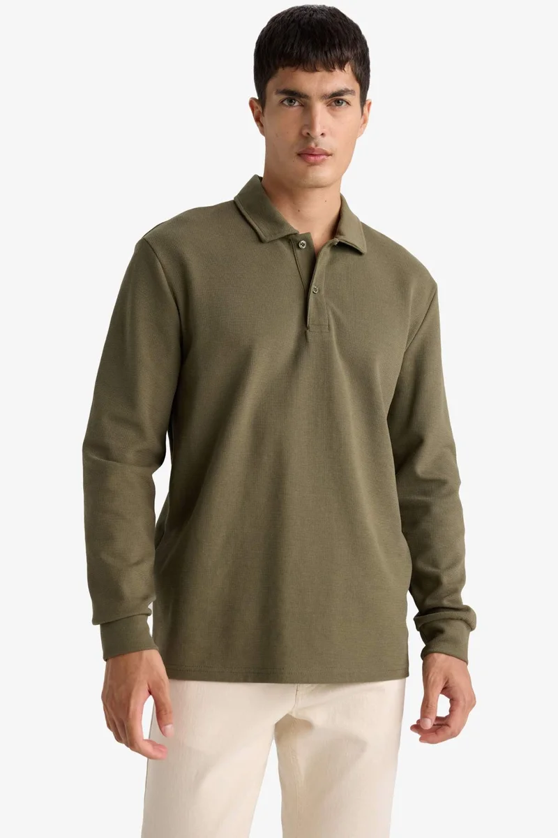 ديفاكتو Regular Fit Waffle Polo Collar Long Sleeve Sweatshirt