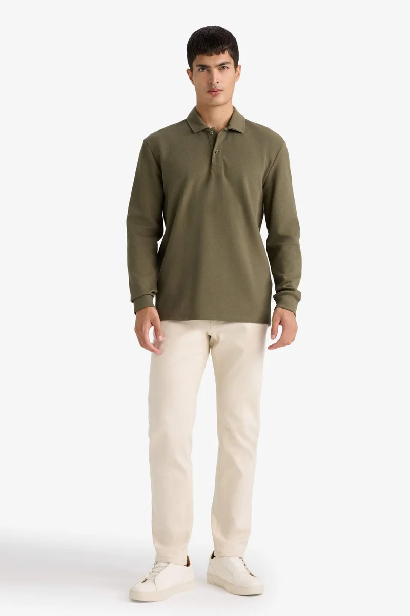 ديفاكتو Regular Fit Waffle Polo Collar Long Sleeve Sweatshirt