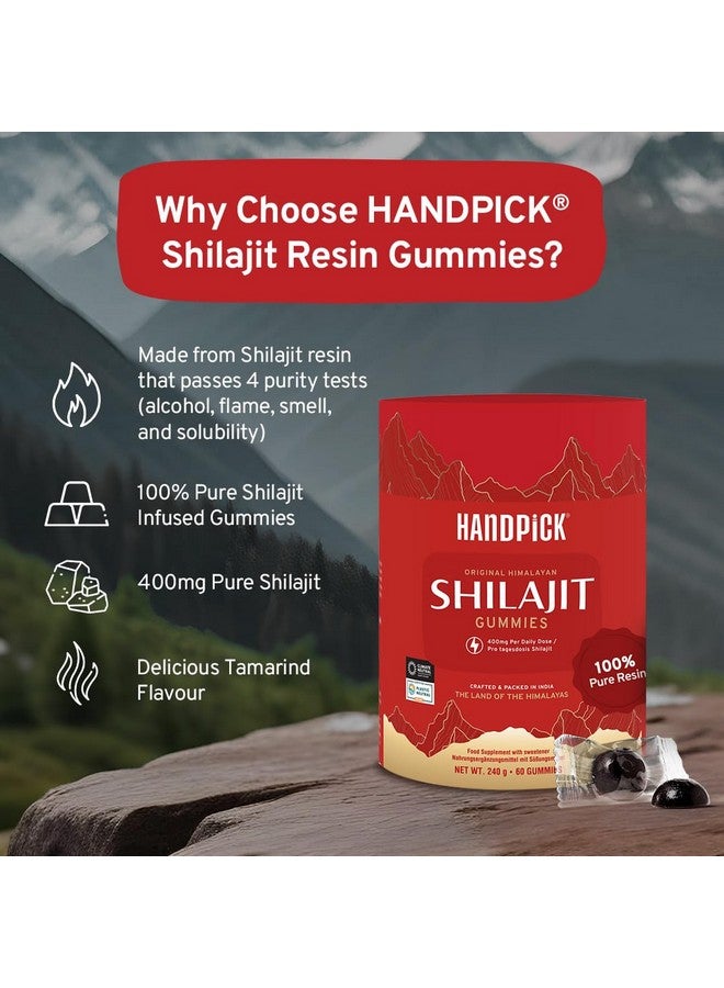 Handpick هاندبيك، حلوى شيلجيت النقية من الهيمالايا (60 حبة) | قوة عالية للرجال والنساء | معادن أساسية نادرة، 75%+ حمض فلفي مع تقرير اختبار مختبر، مناسبة للسفر - نكهة التمر الهندي، 400 ملغ - Image 2