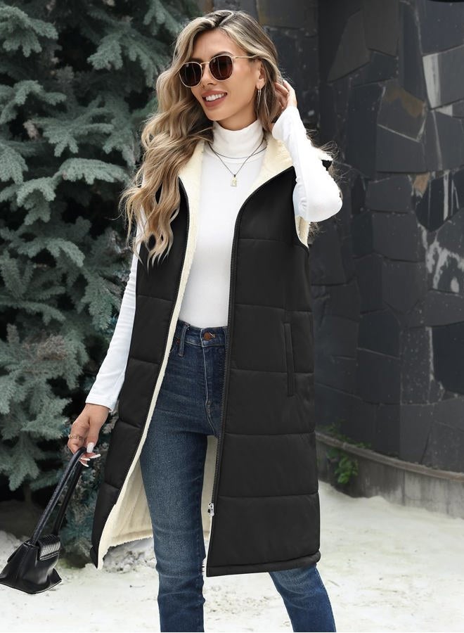 Uikue Long Fleece Vest Women Winter Sleeveless Hooded Jacket Zip Up Padded Coat Fall Winter Outerwear with Pockets, Black, M - Image 3