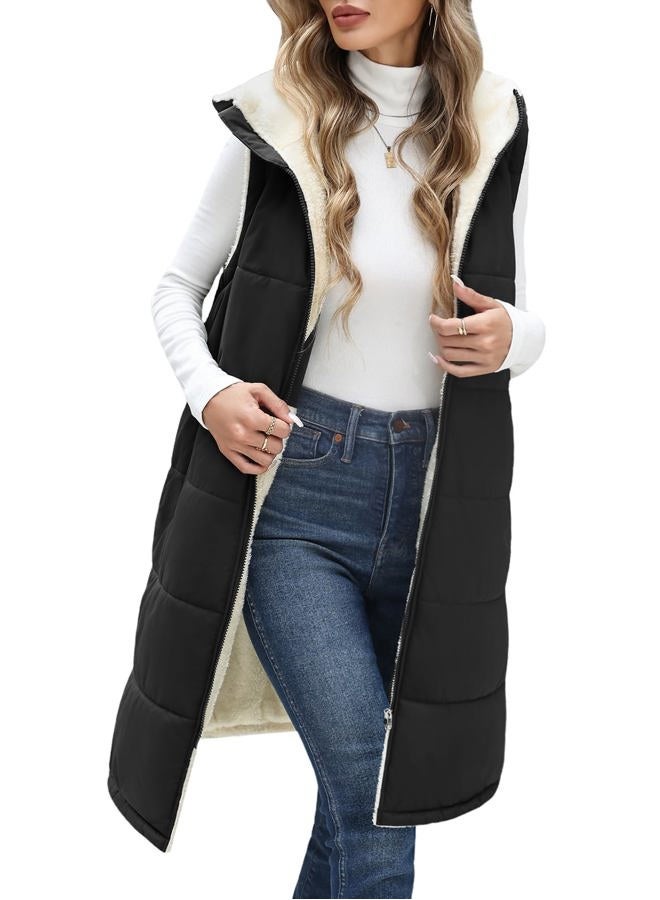 Uikue Long Fleece Vest Women Winter Sleeveless Hooded Jacket Zip Up Padded Coat Fall Winter Outerwear with Pockets, Black, M - Image 1