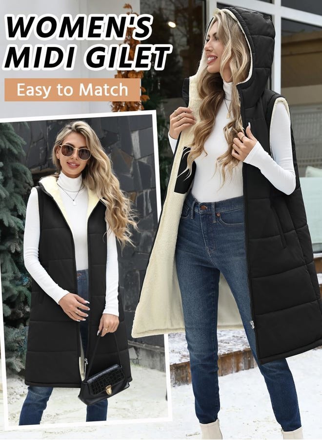 Uikue Long Fleece Vest Women Winter Sleeveless Hooded Jacket Zip Up Padded Coat Fall Winter Outerwear with Pockets, Black, M - Image 2