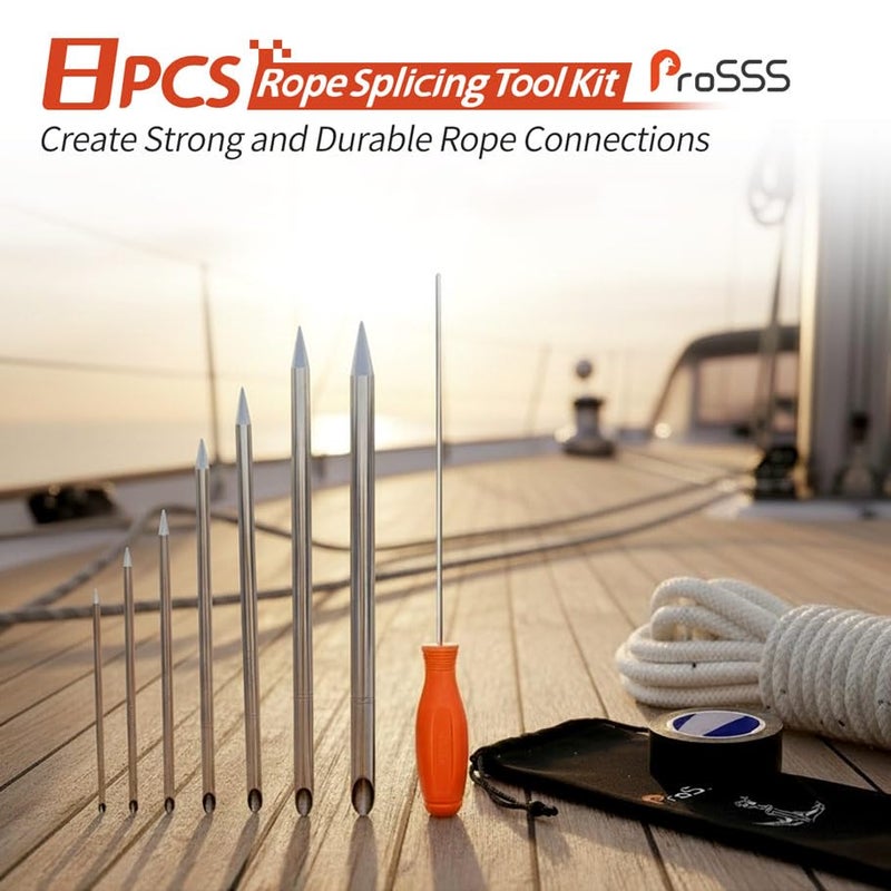 ProSSS Rope Splicing Tool Kit â€“ 7 Sizes (5/32", 7/32", 1/4", 5/16", 3/8",3/8" Large, 1/2") with Pusher, Storage Bag & Black Splicing Tape â€“ Aluminum Fids for Double Boat/Climbing Ropes Rapid Recovery - Image 2