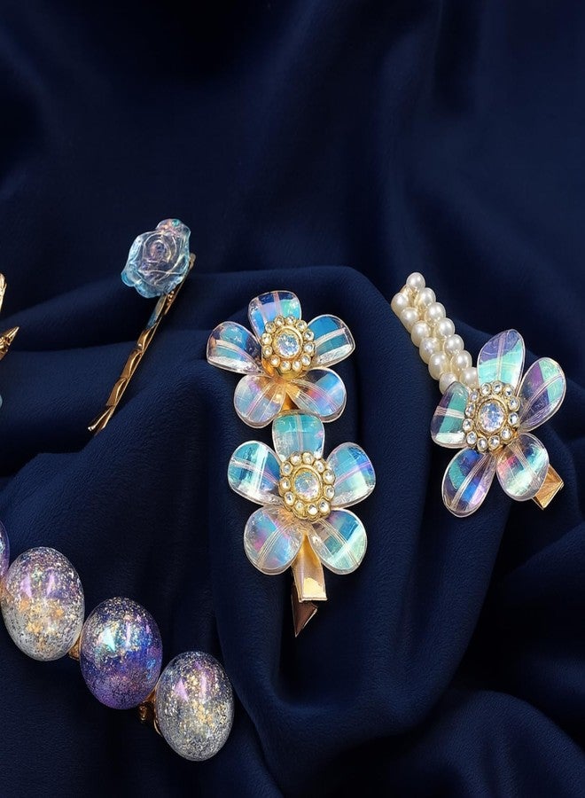 ANNACREATIONS 5-Piece Premium Korean Hair Clips Set for Women & Girls - Elegant Royal Black Stylish Accessories (Aqua blue) - Image 3