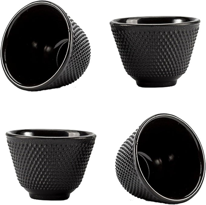 JAPANESE CAST IRON TEA CUPS SMALL AND HEAVY TEACUPS WITH NO HANDLES JAPANESE STYLE CUP FOR ADULTS ASIAN TEACUP COATED WITH ENAMELED INTERIOR 4 PCSBOX BLACK 338OZ100ML