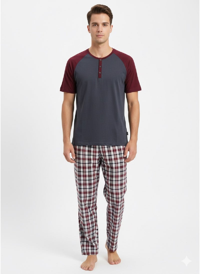 Jet Men's Summer Pajama Set With Half Sleeves, A Round Neckline, And Checkered Pants