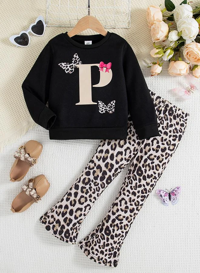 تايك تو Take Two Girl's Graphic Print Long Sleeve Sweatshirt With Leopard Print Pants Set