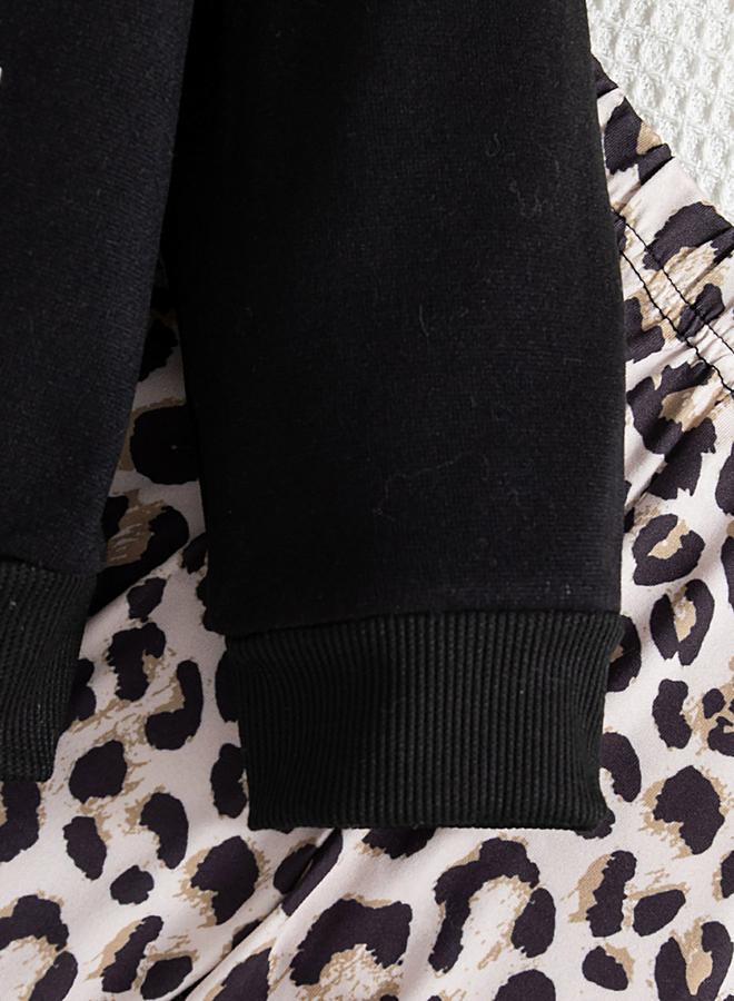 تايك تو طقم بناتي قطعتين سويت شيرت بأكمام طويلة بطبعة جرافيك مع بنطلون بطبعة نمر - Image 5