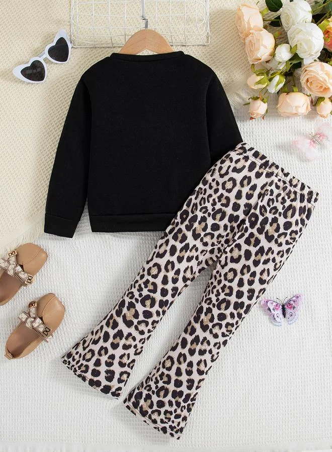 تايك تو Take Two Girl's Graphic Print Long Sleeve Sweatshirt With Leopard Print Pants Set