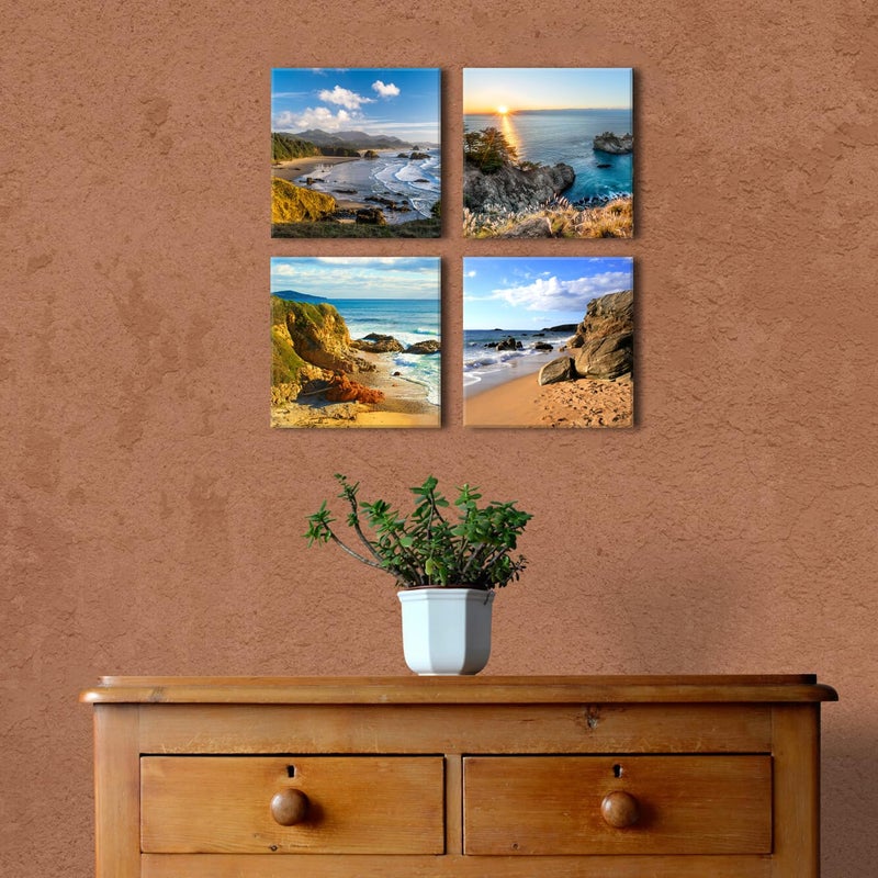 YOOOAHU Oregon Coast Beach Wall Art Nature Landscape Pictures for Living Room Ocean Scenery Posters Bathroom Decor Coastal Seascape Canvas Prints Paintings Modern Artwork Bedroom Home Decorations 12x12  4 Pcs - Image 1