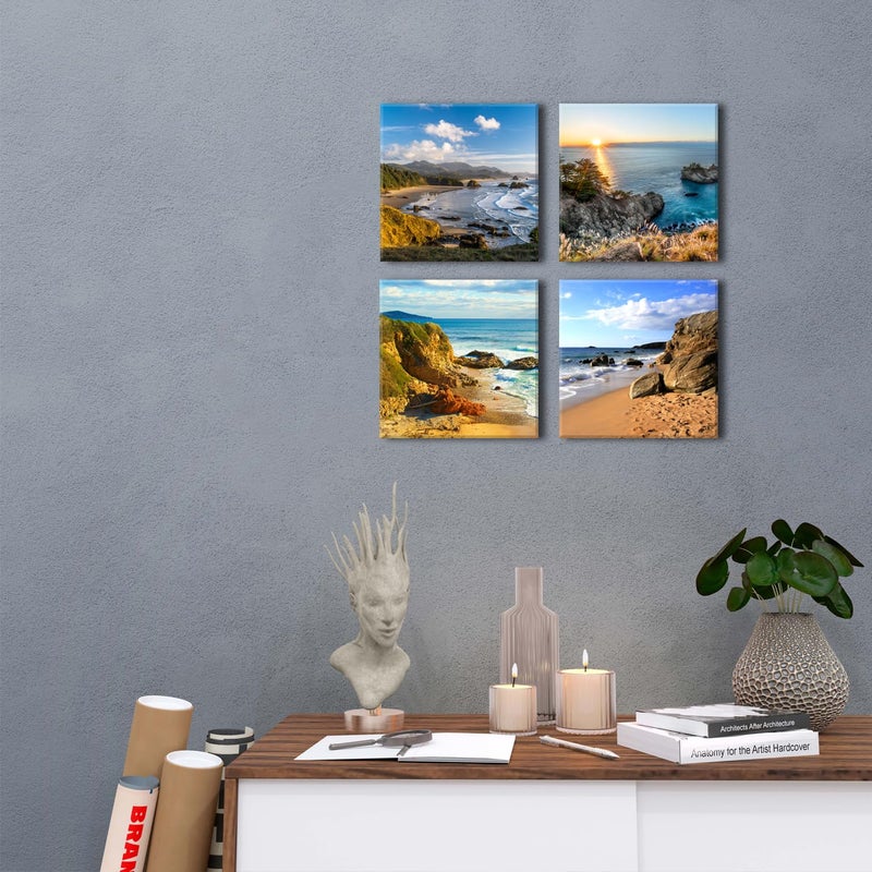 YOOOAHU Oregon Coast Beach Wall Art Nature Landscape Pictures for Living Room Ocean Scenery Posters Bathroom Decor Coastal Seascape Canvas Prints Paintings Modern Artwork Bedroom Home Decorations 12x12  4 Pcs - Image 2