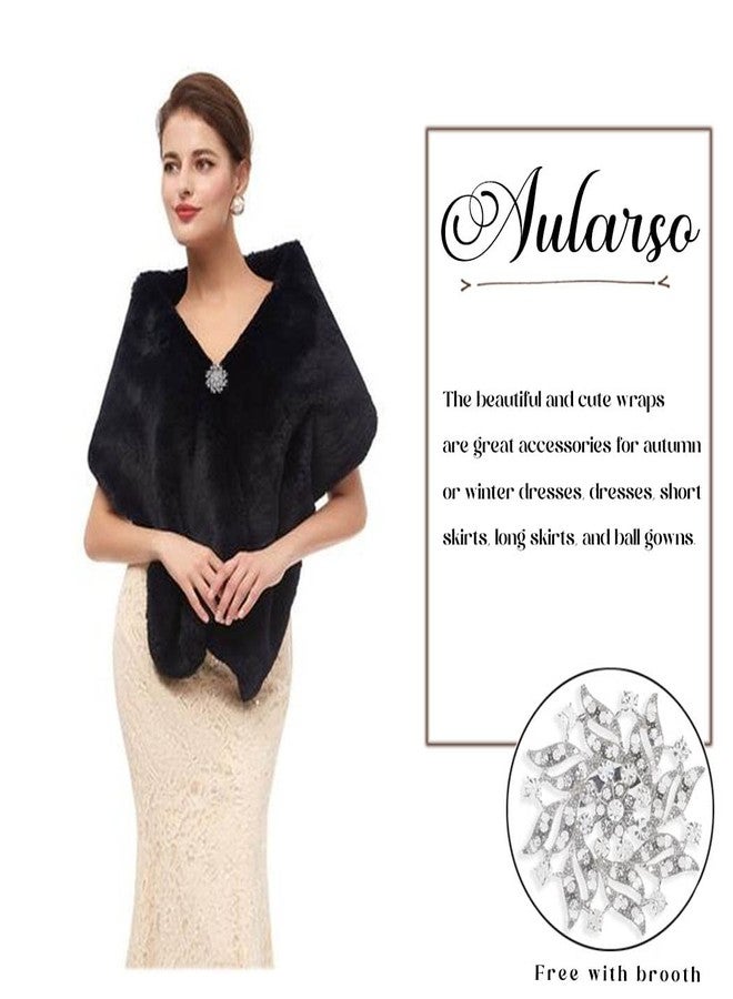 Aularso Wedding Faux Fur Wraps Shawls Bridal Winter Cape Fur Party Shrug Stole Free Brooch for Bride and Bridesmaids (Black) - Image 2