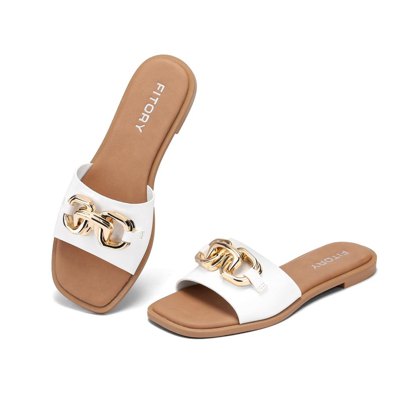 FITORY Women's Flat Sandals Fashion Slides With Soft Leather Slippers for White Summer Size 10 - Image 2