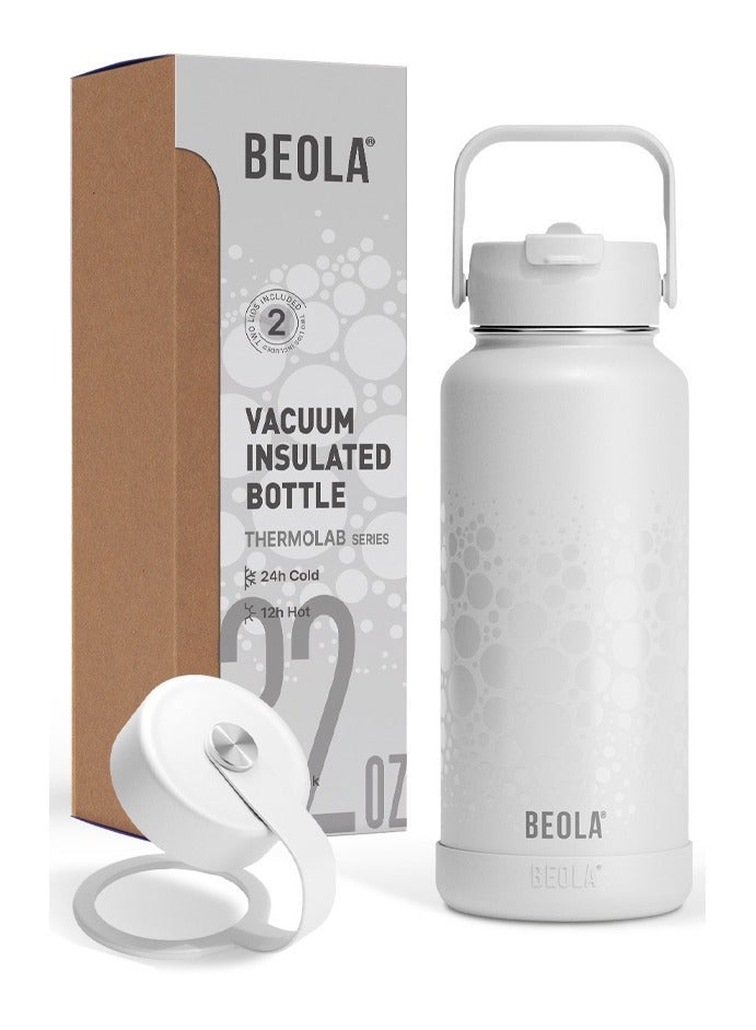 BEOLA 950ml Water Bottle 18/8 Stainless Steel 304 Double Wall Insulated Thermos Bottle with Straw Lid and wide mouth, 2 lids included, Hot Cold Liquids Sports Bottle bella, 32oz (Classic white) - Image 1