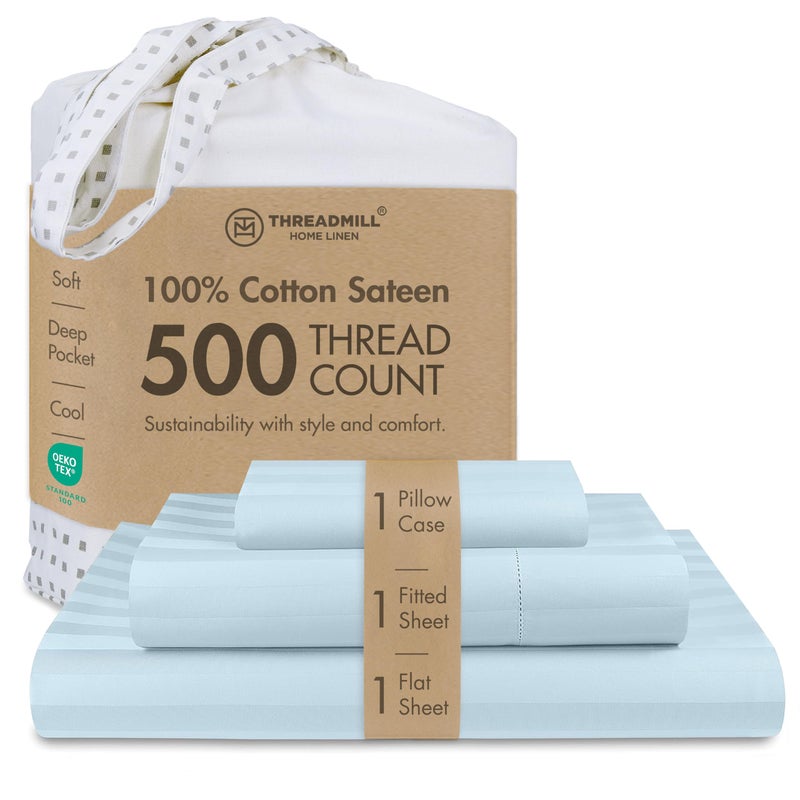 Threadmill 500 Thread Count Twin Size Damask Stripe, 3 Pc Luxury Cotton Bedding Set, Breathable Light Blue Sheets with 15" Elasticized Deep Pocket, 1 Pillowcase & Free Tote Bag - Image 1