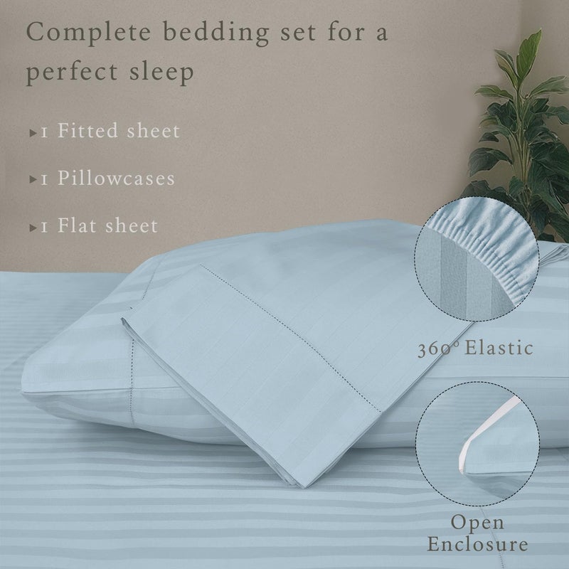 Threadmill 500 Thread Count Twin Size Damask Stripe, 3 Pc Luxury Cotton Bedding Set, Breathable Light Blue Sheets with 15" Elasticized Deep Pocket, 1 Pillowcase & Free Tote Bag - Image 3