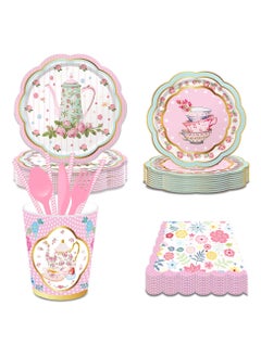 ThePartyPopper Elegant Floral Tea Party Tableware Set Paper Plates, Napkins, Tea Cups Set  - Image 1