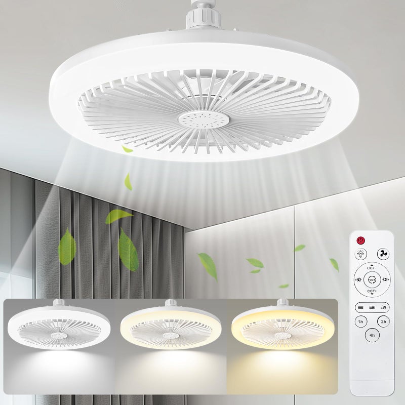 10" Indoor Socket Fan Light Ceiling Fan with Remote, White, Modern Style, Bedroom, Living Room, Kitchen, Garage