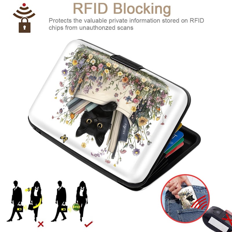 Coco Rossi Credit Card Holder RFID Aluminum Wallet Card Case Mini Business Cards Holder Metal ID Case for Men Women, Cat & Books - Image 5