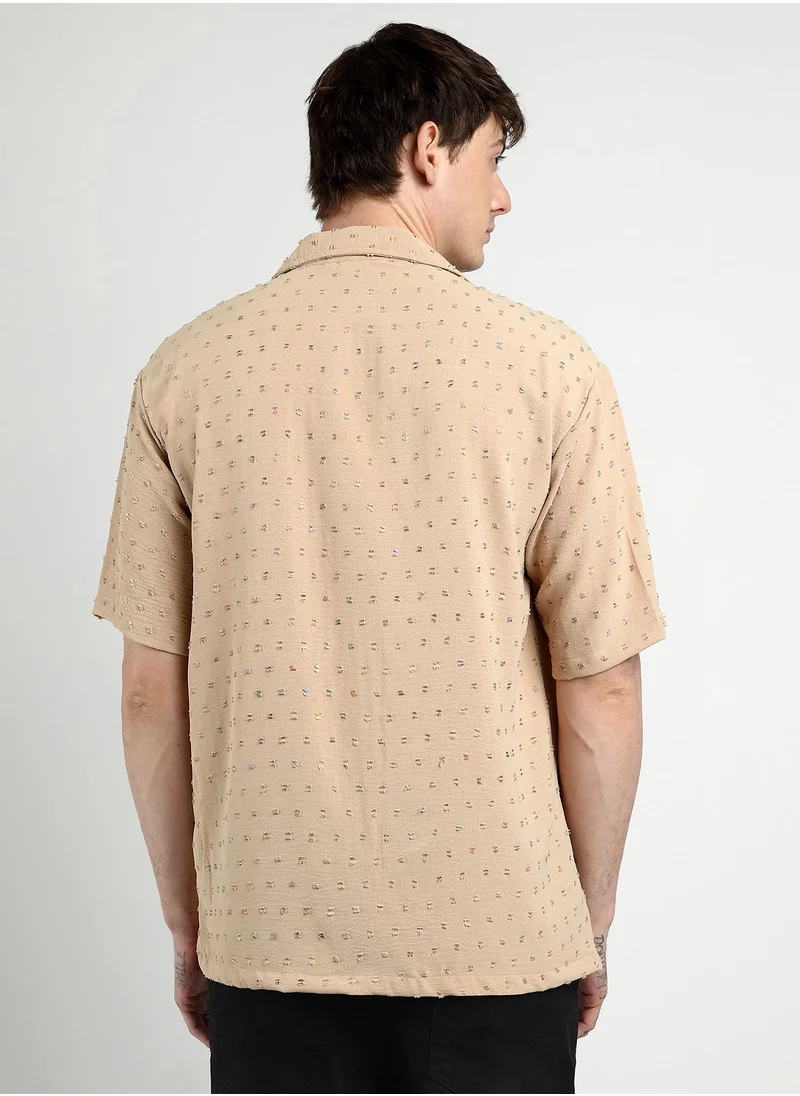 Campus Sutra Men's Beige Oversized Pom-Pom Shirt